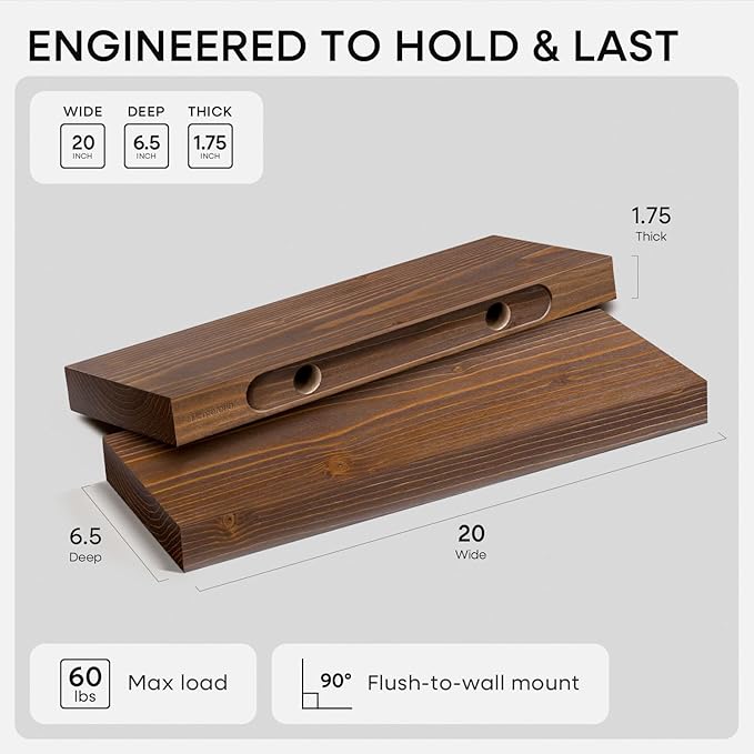 Homeforia Classic Walnut 20 inch Floating Shelf, High End Solid Real Wood Small 20inch Floating Shelves for Wall Mounted, 20in Floating Shelves, Heavy Duty Bracket, 20 X 6.5 X 1.75 inches, Set of 3