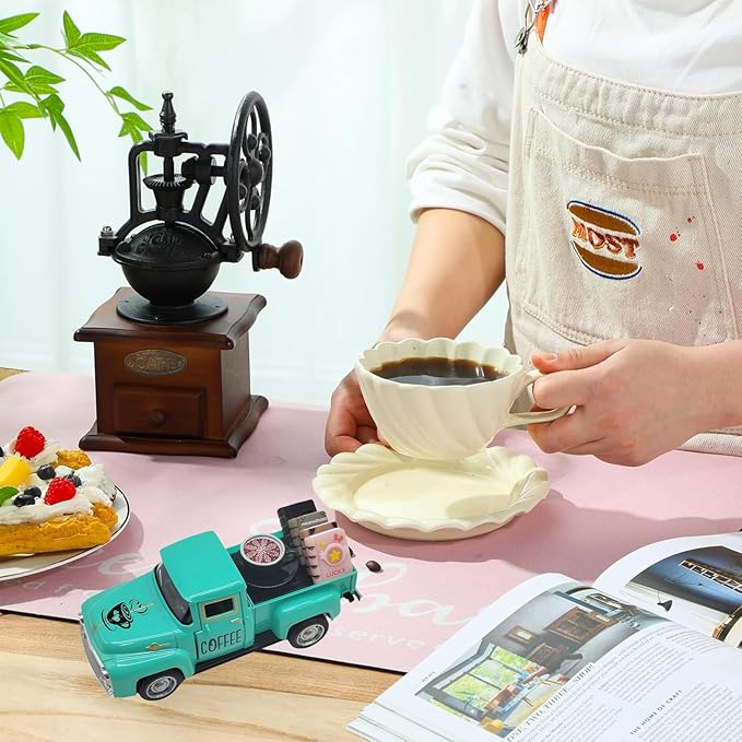 Coffee Bar Decor Vintage Mini Metal Truck Decor with Book Accessories for Coffee Station, Farmhouse Tiered Tray Tabletop Decorations for Home Kitchen, Office, Cafe