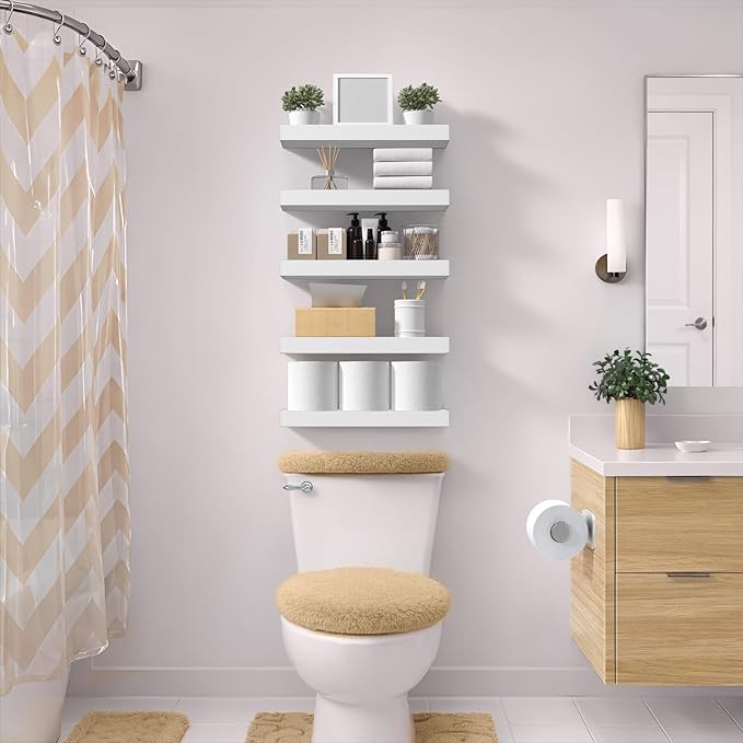 Sorbus Floating Shelves for Wall – 16 Inch Floating Shelf for Kitchen, Bedroom, Living Room, Bathroom, Home & Wall Decor - Mounted Bathroom Shelves with Invisible Brackets (White, 4 Pack)