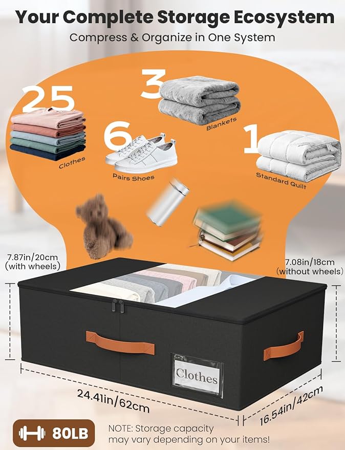 TOSKING 2-Pack Under Bed Storage Bins with Wheels and 4 Vacuum Seal Bags, Heavy Duty 80lbs Capacity,7.9"Height Clear Lid Organizer for Dorm Bedroom Clothes Shoes Toys, Quick Assembly Space Saver Black