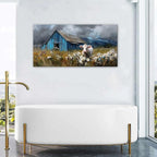 AIYISU Farmhouse Cow Wall Art Rustic Barn Landscape Pictures Wall Decor Blue Barn Wildflower Field Canvas Prints Country Farm Animal Artwork for Living Room Dining Room Bedroom Home Decoration 24x48