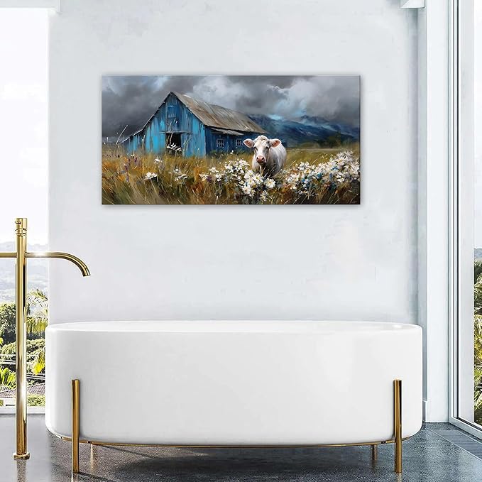 AIYISU Farmhouse Cow Wall Art Rustic Barn Landscape Pictures Wall Decor Blue Barn Wildflower Field Canvas Prints Country Farm Animal Artwork for Living Room Dining Room Bedroom Home Decoration 24x48