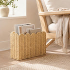 Paper Rope Magazine Holder for Floor with Scalloped Edge, Tall Narrow Wicker Magazine Basket – Book Basket, File Holder & Mail Basket for Living Room, Office & Bedroom