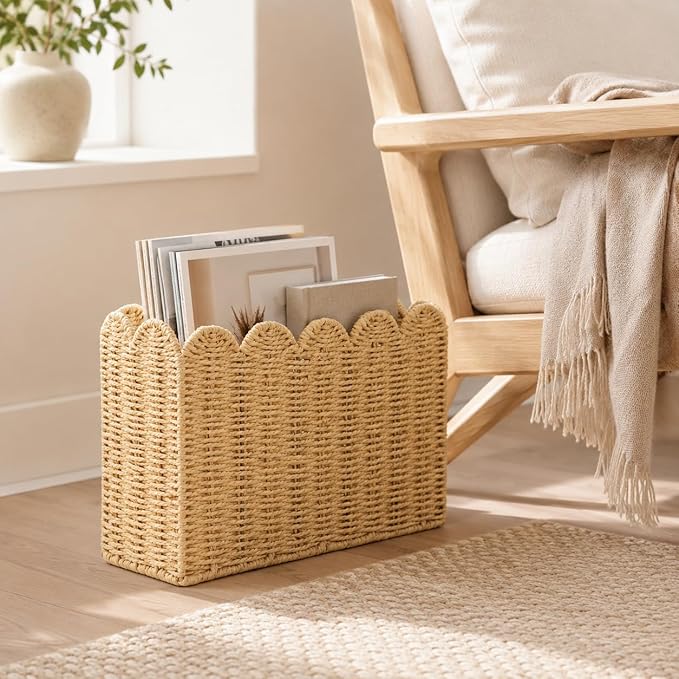 Paper Rope Magazine Holder for Floor with Scalloped Edge, Tall Narrow Wicker Magazine Basket – Book Basket, File Holder & Mail Basket for Living Room, Office & Bedroom