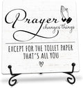 Prayer Changes Things Wooden Sign - 5" Prayer Quote Wooden Plaque With Metal Support - Funny Rustic Tabletop Bathroom, Toilet Room Decor - Housewarming Gifts For Family & Friends - A02