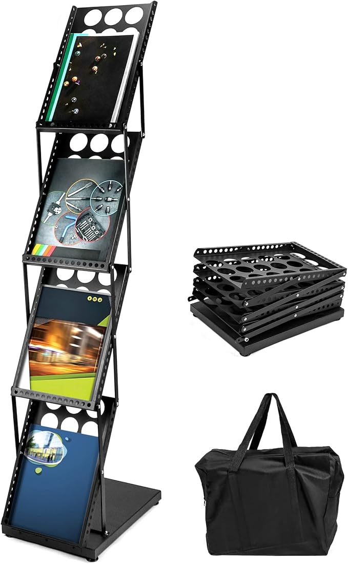 QWORK Magazine Brochure Display Rack Stand, 4 Pocket Foldable Literature Catalog Rack Book Holder Tradeshow Display Stand, for Office Store and Exhibition Trade Show (Black)