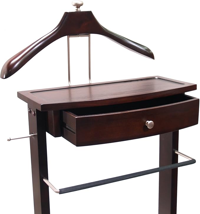Proman Products Kingston III Valet Stand with Drawer, Contour Hanger, Trouser Bar, Tie & Belt Hooks and Shoe Rack - VL36260