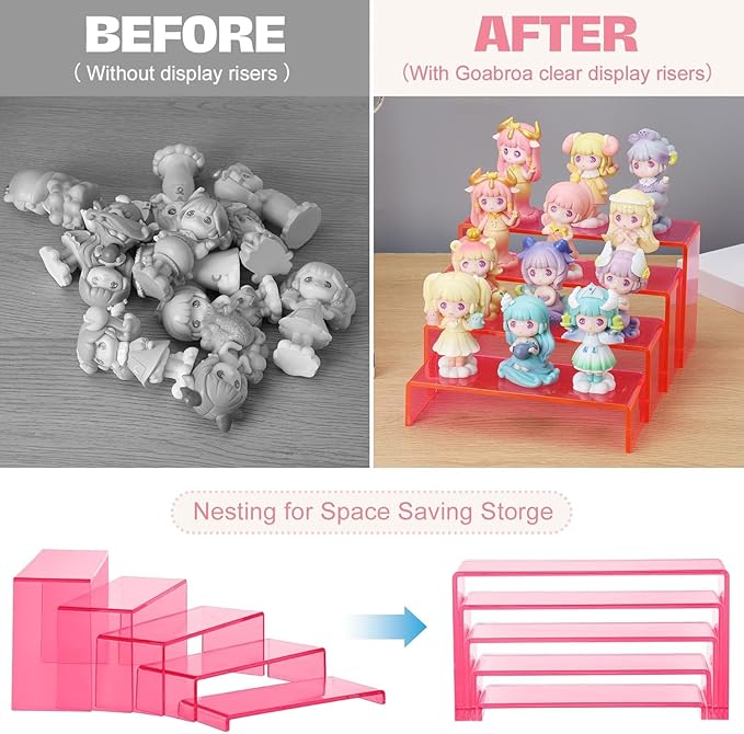 Goabroa Display Risers, 2 Sets 10 Pcs Perfume Stand Organizer, Rectangular Riser Shelves for Figures, Cupcake, perfume display, Wine Glass and Handbag display, Transparent Pink