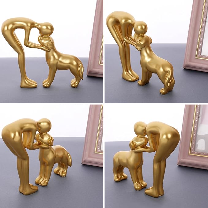 Cute Pet Sculpture Home Decor Man and Dog Statue Decoration for Office、Living Room、Bedroom、Home， Memory Gifts for Dog Lovers (Golden)