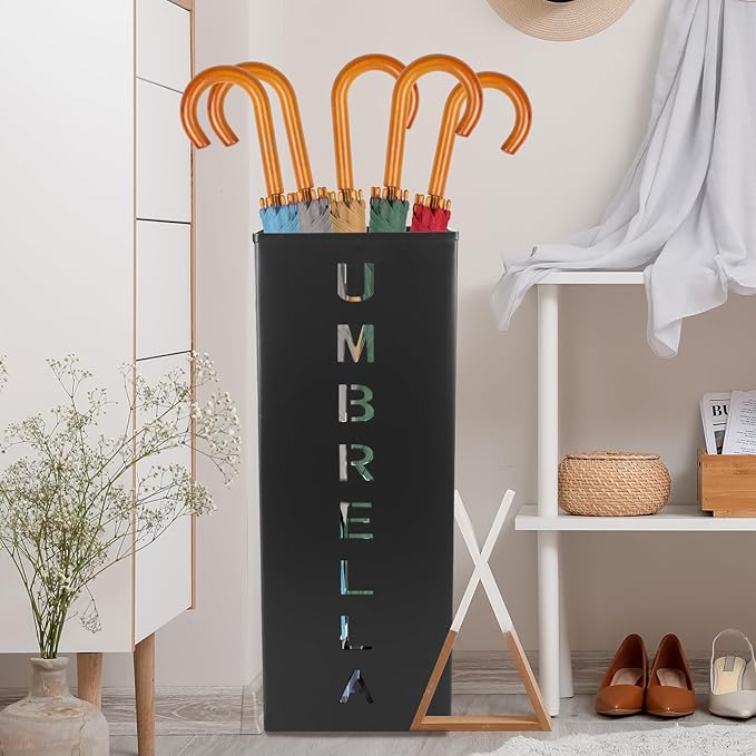 Metal Umbrella Holder, 16.5x6.3x6.3inch Square Free Standing Umbrella Rack Decorative Umbrella Holder Bin Multipurpose Walking Sticks Holder for Umbrella Cane Entryway Home Office (Style A)