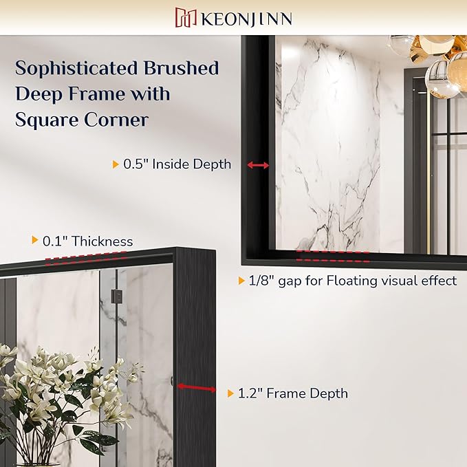 Keonjinn 55 x 36 Inch Black Mirror for Bathroom, Matte Black Large Rectangle Vanity Mirror, Metal Framed Farmhouse Mirrors, Modern Rectangular Wall Mirrors with Square Corner