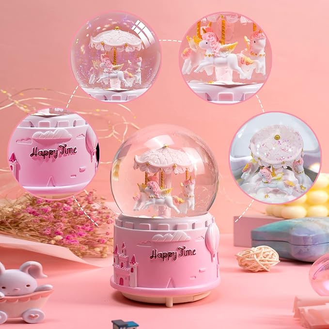 Unicorn Musical Snow Globe for Kids Girls Carousel Music Box with 7 Led Lights Swirling Glitter for Birthday Valentines