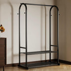 Sturdy metal clothes rack,Black freestanding clothing rack with bottom shelves and 6 side hooks,garment rack for hanging clothes,Modern wardrobe rack for Bedroom or cloakrooms
