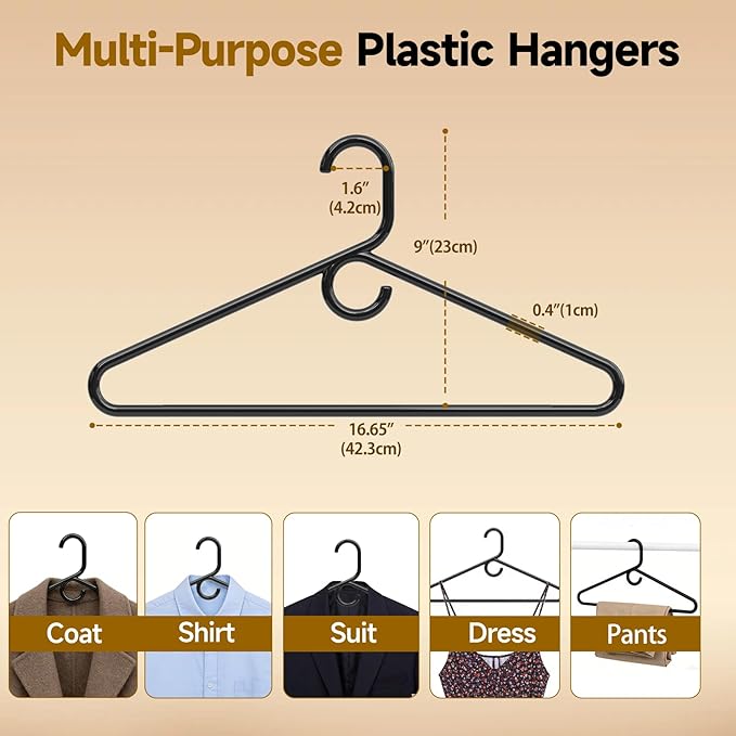 Black Plastic Hangers 36 Pack, Heavy Duty Clothes Hangers for Standard Size Hangers with Center Hook & Non-Slip Pants Bar for Shirts, Pants, Coat, Dresses, Jackets, Scarves and Belts
