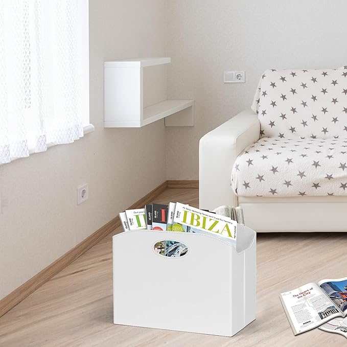 EZDeco Magazine Holder Foldable Magazine Rack Floor PU Leather File Holder Newspaper Book Storage Magazine Basket Document File Folder Organizer for Office Home (White-2)
