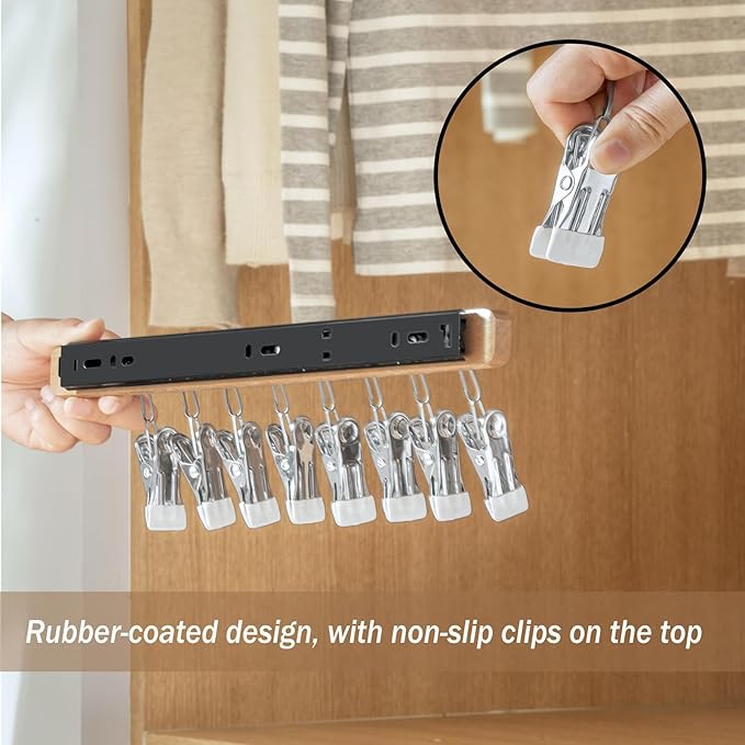 MORNITE Pull Out Hat Rack for Closet, Sliding Hooks Hanger Rack with Clips for Bras Caps Underwear Socks Scarves Gloves Handkerchiefs, Dual Side 12 Clips Rail, 2 Pcs