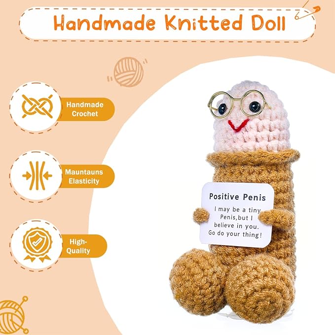 Handmade Crochet Emotional Support Plush with Inspirational Card, Funny Gifts for Friends, Family, and Coworkers, Office and Home Decoration(Brown P-2Pcs)