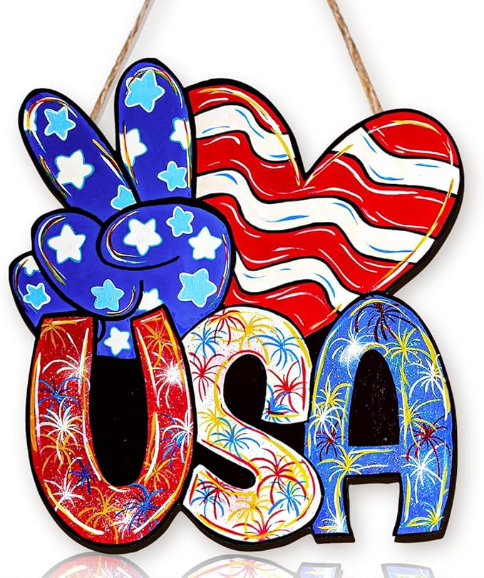 Wooden 4th of July Decorations Patriotic Wreaths for Front Door Independence Day Decorations Star Sign Welcome Memorial Day Hanging for Home Wall Decor Outdoor Indoor Red White and Blue Wreath 6