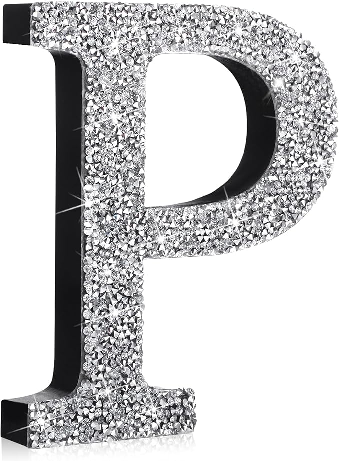 Qunclay 12'' Silver Crystal Diamond Bling Letters Crushed Diamond Decoration Wooden Glitter Letter with Screw and Hooks Rhinestone Gift for Wedding Y2k Mcbling Bedroom Wall Decor (Letter P)