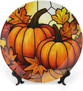 pumpkin theme Decorative Ceramic Plate Round Porcelain Plate,10 inch,Autumn Stained Glass pattern,for Decorative Ornaments Giving Plates,1 Plate with 1 Display Stand,Orange red