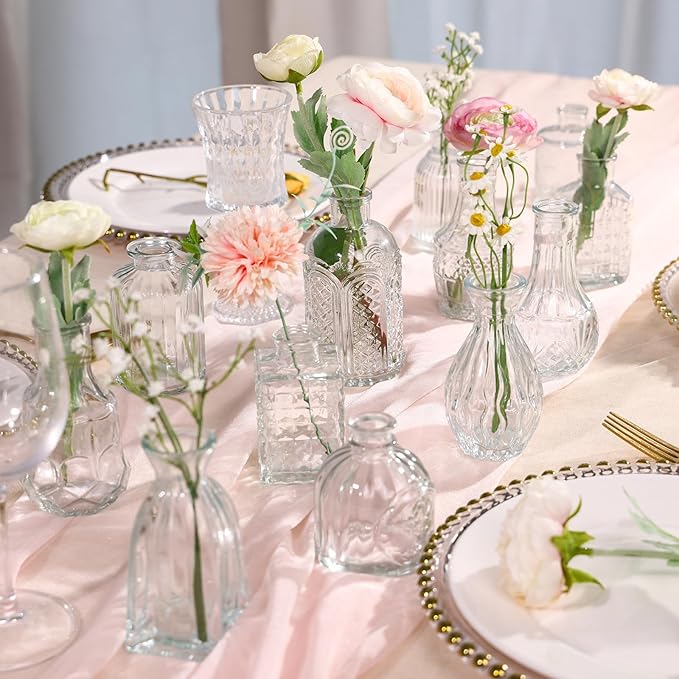 CUCUMl 24 Pack Glass Bud Vases in Bulk for Centerpieces, Clear Vintage Decorative Small Vases for Flowers, Wedding Rustic Home Table Decor