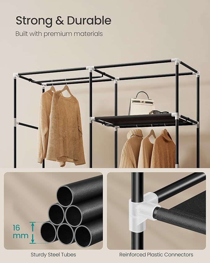 SONGMICS Portable Closet, Fabric Wardrobe, Clothes Rack with Shelves, Pockets, Large Capacity, 3 Hanging Rods, 50 x 17.7 x 70.9 Inches, Black URYG010BZ02