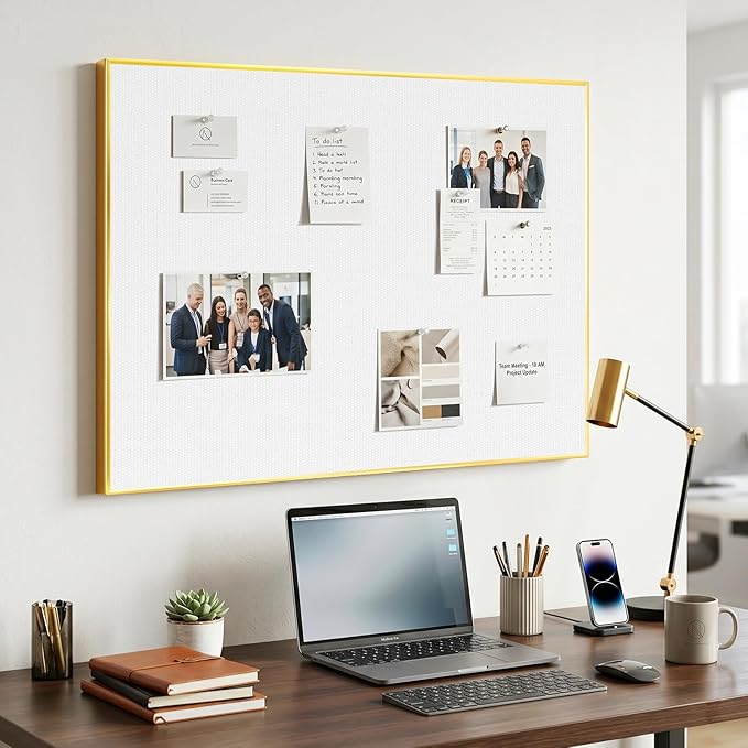 Linen Bulletin Board 36" x 24", White Fabric Pin Board with Gold Aluminum Frame, Decorative Vision Board for Home Office, Bedroom & Dorm Wall Decor, Includes 10 Push Pins