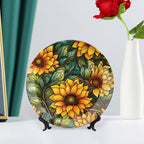 Decorative Plates for Wall Hanging, Autumn Flowers Stained Glass Design Ceramic Plate w/Display Stand, Home Decor for Kitchen Cabinets, Farmhouse Round Tray 8 Inch, Gift for Sunflower Lover