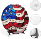 Decorative Plates for Home Decor, Blue Red USA Flag Stained Glass Painting Decor Tray for Table Display, Ceramic Dinner Plate W/ Stand, Living Room Dining Room Decor, Gifts for Patriotic, 7 Inch