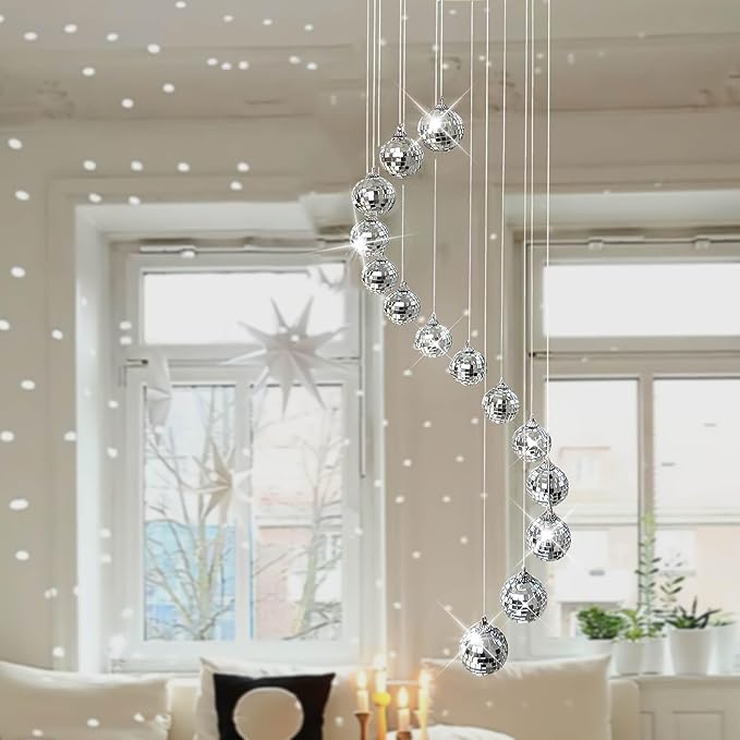 Disco Ball Mobile Spiral Spinner Ball with Bamboo Circle, 36 Inch for Outdoor Indoor Garden Yard Patio Home Decoration Birthday Wedding Party