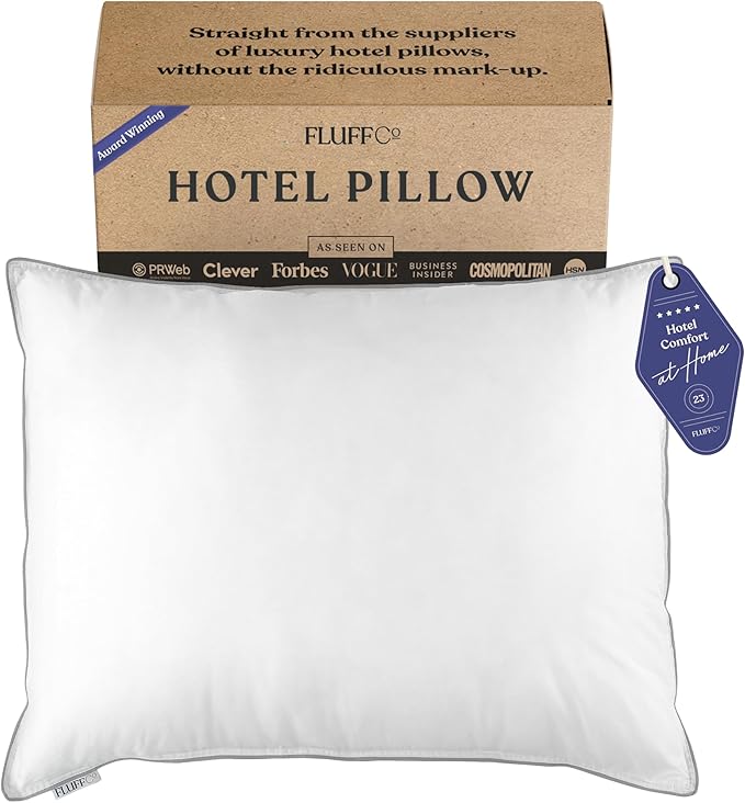 FluffCo Zen Fluff Pillows - Down Alternative - Standard/Queen Bed Pillow for Sleeping Made in USA - Luxury Hotel-Quality Pillow - 100% Cotton, 300 Thread Count (Queen Size 1 Pack)