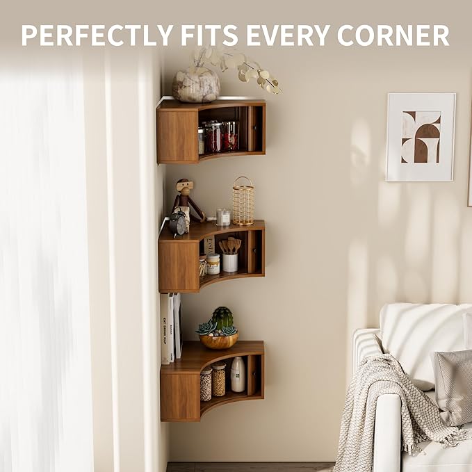 Corner Shelves Wall Cabinet Set of 3, Floating Corner Shelf Organizer with Sliding Doors, Fluted Wall Cabinet for Living Room, Bedroom, Office, Small Space, Walnut (recessed, 15.74")