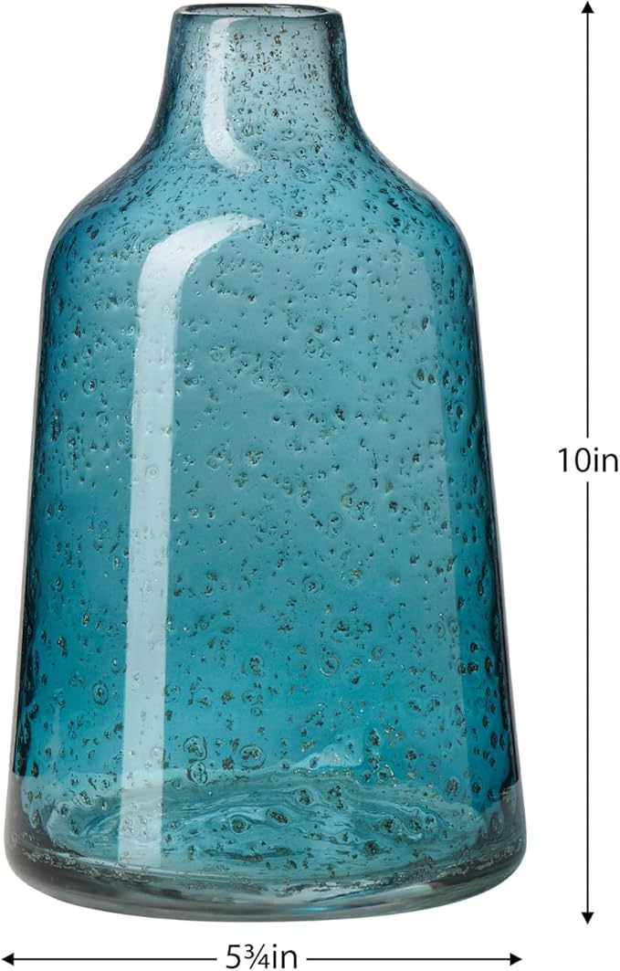 Torre & Tagus 10 Inch Tall Blue Glass Vase with Gold Flakes, Mouth Blown Glass Vase Blue Flower Vase Centerpieces, Watertight for Hydroponic Plants, Coastal Decor Accents (Marina)