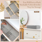 Set of 10 Stackable Jewelry Organizer Trays for Drawer 14 Inch Velvet Jewelry Drawer Insert Display Storage with Removable Divider for Necklace Earring Ring Watch Bracelet (Gray)