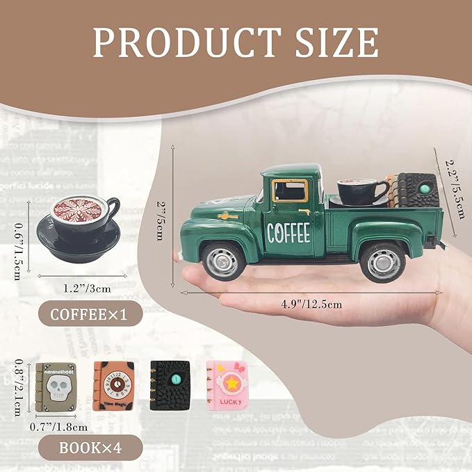 Vintage Mini Metal Pickup Truck with The Coffee Decor and The 4 Books,for Home Farmhouse Kitchen Decor & Coffee Decorations (Coffee-Green)