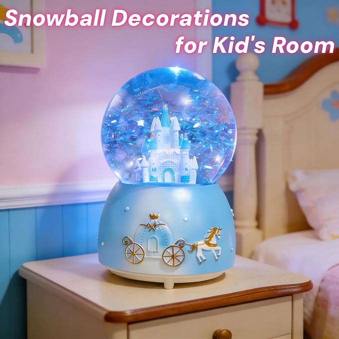 Blue Castle Snow Globes, Girls Music Snowglobes with LED 7 Colors Lights, Automatic Snow Fall Effect, Home Decor for Kids Room Essentials, Gifts for Birthday Christmas Valentines Mother's Day (Blue)