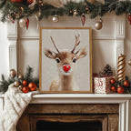 Framed Christmas Wall Art, Vintage Red Nose Reindeer Canvas Wall Decor Paintings, Rustic Winter Cute Deer Pictures Prints Farmhouse Home Decoration for Living Room Bedroom 16×24 inch