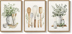 Framed Botanical Wall Art for Kitchen, 3 Piece Modern Farmhouse Sage Green Plant Canvas Painting Prints, Vintage Rustic Farmhouse Utensil Artwork for Kitchen Dining Room Coffee Bar Wall Decor, 16x24