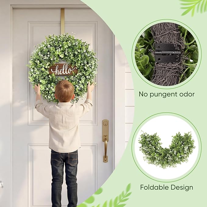 20" Boxwood Wreath for Front Door - UV Resistant Artificial Greenery Wreath with Detachable Hello Sign & Sash, All-Season Spring or Summer Wreaths Decorative Wreath for Indoor/Outdoor Wall