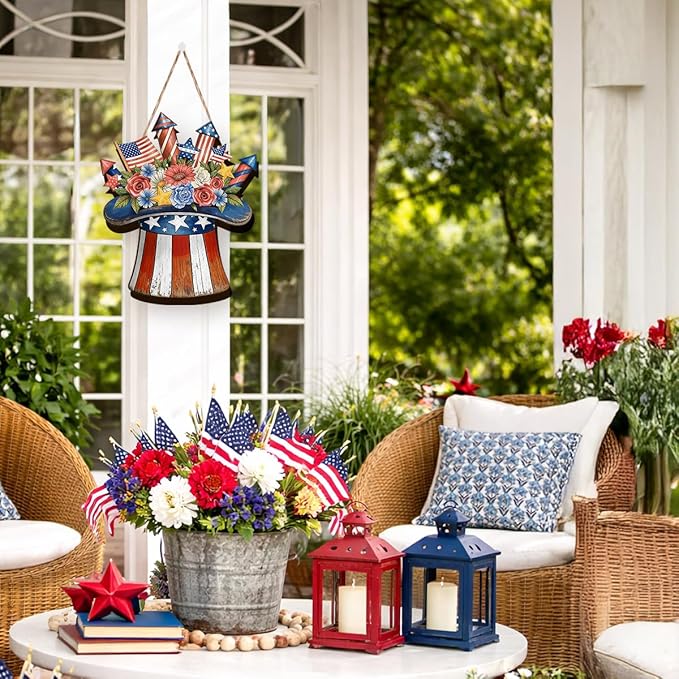 Wooden 4th of July Decorations Patriotic Wreaths for Front Door Independence Day Decorations Star Sign Welcome Memorial Day Hanging for Home Wall Decor Outdoor Indoor Red White and Blue Wreath 7
