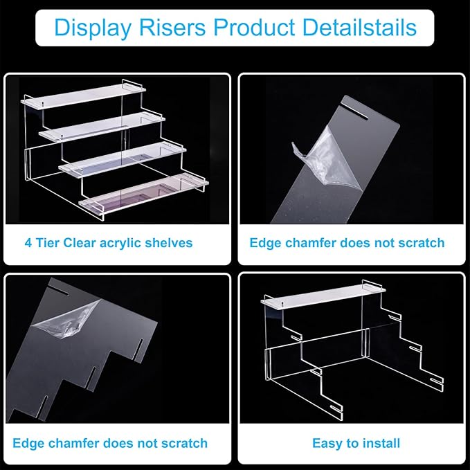 HENABLE 4 Tier Acrylic Display Risers, Perfume Organizer Stand, Cupcake Stand Holder, Clear Shelf Risers for Display Stands for Funko POP Figure, Dessert Shelves for Party, Decoration