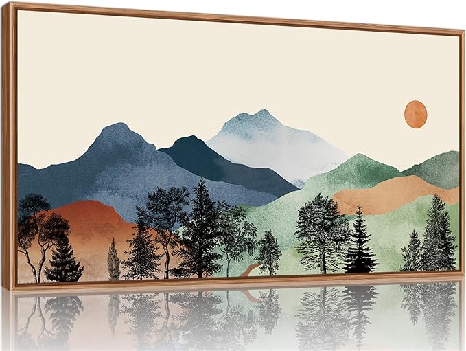 SIGNINART Boho Mountain Framed Canvas Wall Art, Watercolor Nature Landscape Art Prints, Modern Sunrise Art Paintings, Green Forest Wall Decor for Living Room, Bedroom, Office 20"x40"