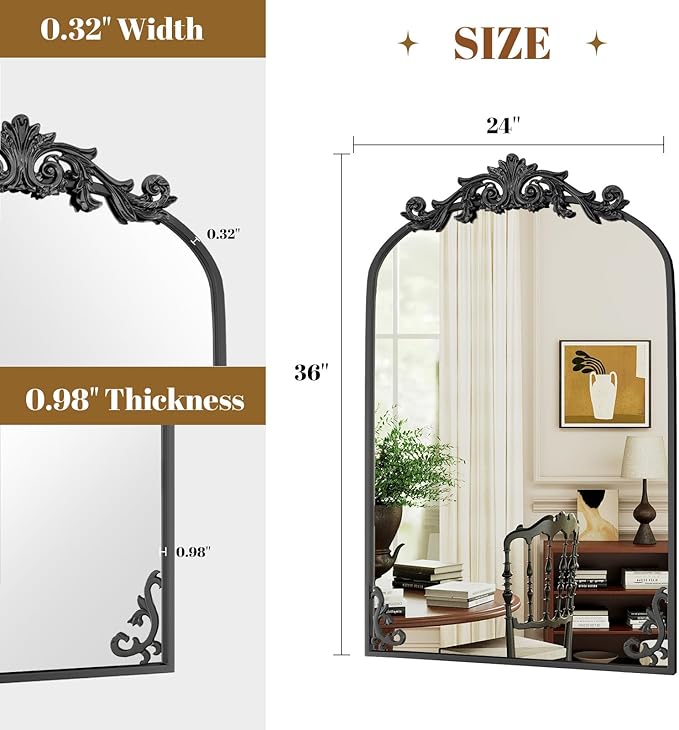 VooBang 24x36 inch Vintage Arched Bathroom Mirror - Gorgeous Wall Vanity Mirror with Beautiful Retro Top and Bottom Engraving Process Frame for Entryway Hallway Living Room, Black