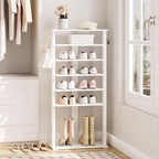 HOOBRO Vertical Shoe Rack, 8 Tier Wooden Shoe Storage Organizer with Hooks, Narrow Shoe Tower for 16 Pairs, Space Saving, for Entryway, Living Room, Bedroom, White WT750XJ01