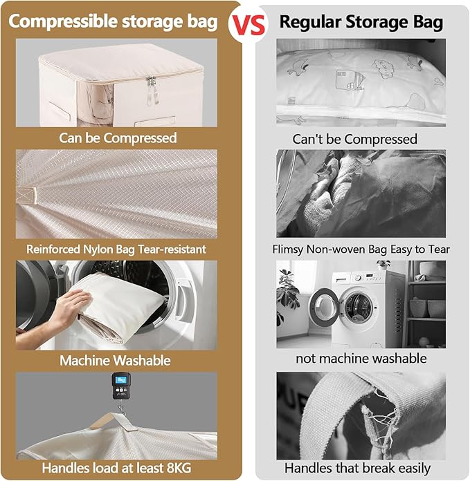 4 Pack Space Saving Comforter Storage Bag with Handle, 3-Layer Compression Blanket Storage Bags Adjustable In 3 Sizes (142L, 107L, 71L), Washable Bedding Organizer For Pillow Duvet Clothing Plush Toy
