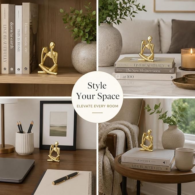 Gold Accent Bookshelf Decor Thinker Statue, Abstract Reading Figurine Style B, Resin Decorative Bookend for Coffee Table, Shelf, Office, Library