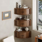 Corner Shelves Wall Cabinet Set of 3, Floating Corner Shelf Organizer with Sliding Doors, Fluted Wall Cabinet for Living Room, Bedroom, Office, Small Space, Walnut (Curved, 15.74“)