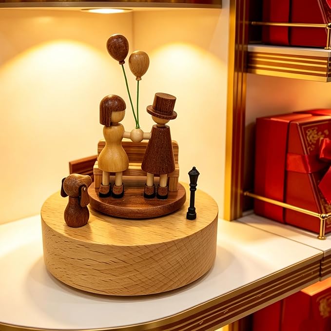 Briskfeel Wooden Music Box with Rotating Couple Holding Balloons - Plays Canon in D Mechanical Musical Box - Gift for Birthday, Valentine's Day, Wedding, Anniversary, Home Décor (Prospect)