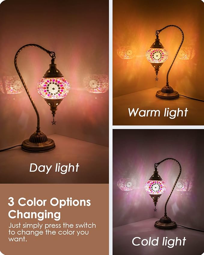 Yarra-Decor Turkish Moroccan Lamp with Bronze Base 3 Color Options Handmade Swan Neck Tiffany Mosaic Glass Bedside Lamps for Bedroom (LED Bulb Included) (3)
