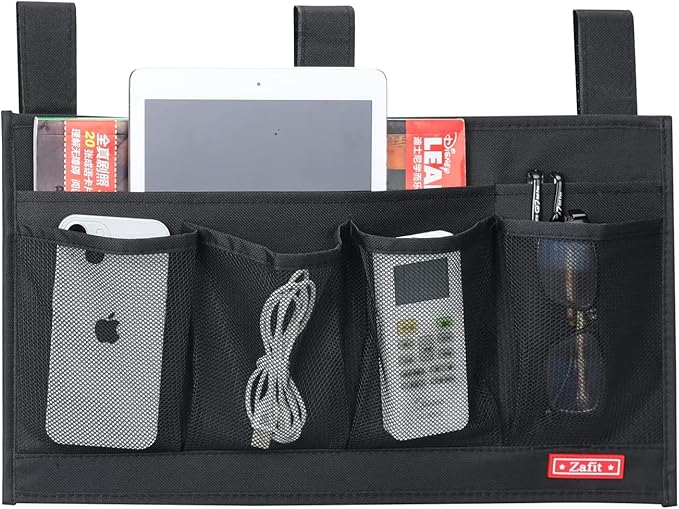 Zafit Hanging Bedside Caddy, Bedside Storage Organizer for Magazine, Phone, Remote control (6 Pockets-Black)